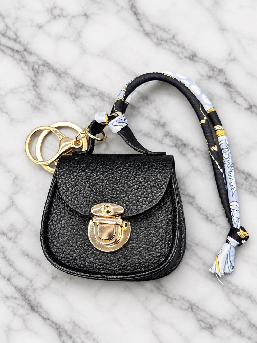 Saddle Bag Keychain Purse Charm Black Faux Leather Coin Pouch With Scarf
